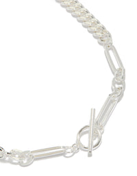 Showcasing a waterproof stainless steel long curb chain toggle necklace crafted from silver plated material in statement style close up view - link has visual effect only
