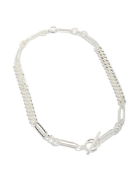 Displaying a waterproof stainless steel long curb chain toggle necklace crafted from silver plated material in statement style front view - link has visual effect only