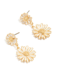Presenting gold plated white enamel double daisy drop earrings featuring floral front view - link has visual effect only