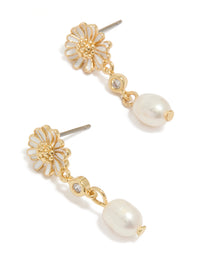 Showcasing gold plated white enamel daisy and freshwater pearl drop earrings with floral design front view - link has visual effect only