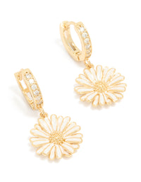 Showcasing statement floral huggie earrings with gold plated finish, white enamel petals, and cubic zirconia accents front view - link has visual effect only