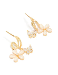 Showcasing gold cubic zirconia butterfly and flower double hoop earrings with floral charms front view - link has visual effect only