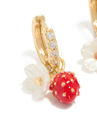 Showcasing gold plated cubic zirconia flower strawberry huggie earrings with charm in red ivory white close up view - link has visual effect only