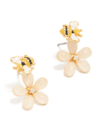 Showcasing dainty stud earrings featuring bee design with floral pink flower crafted from enamel in gold plated finish front view - link has visual effect only