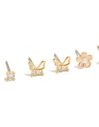 Gold Plated Cubic Zirconia Enamel Butterfly & Flower  Earrings 3-Pack - link has visual effect only