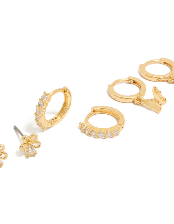 Gold Plated  Cubic Zirconia Bow & Butterfly Huggie Earrings 3-Pack