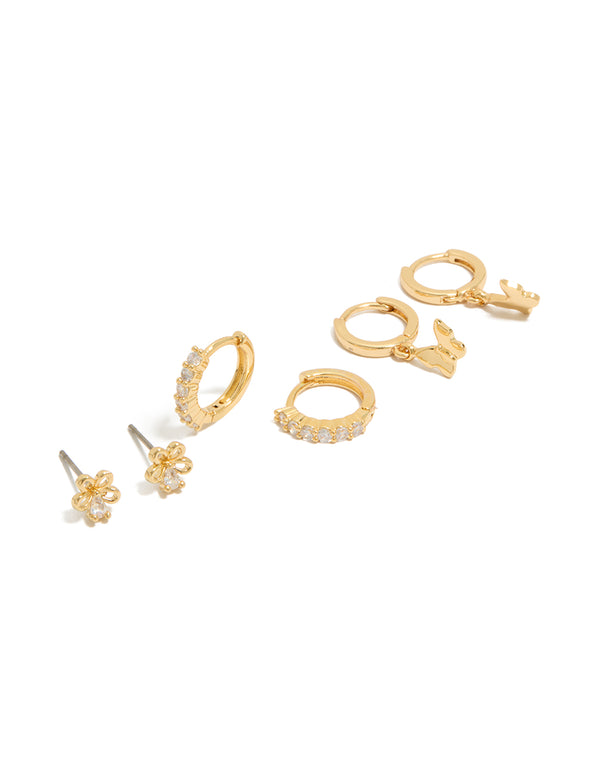 Gold Plated  Cubic Zirconia Bow & Butterfly Huggie Earrings 3-Pack