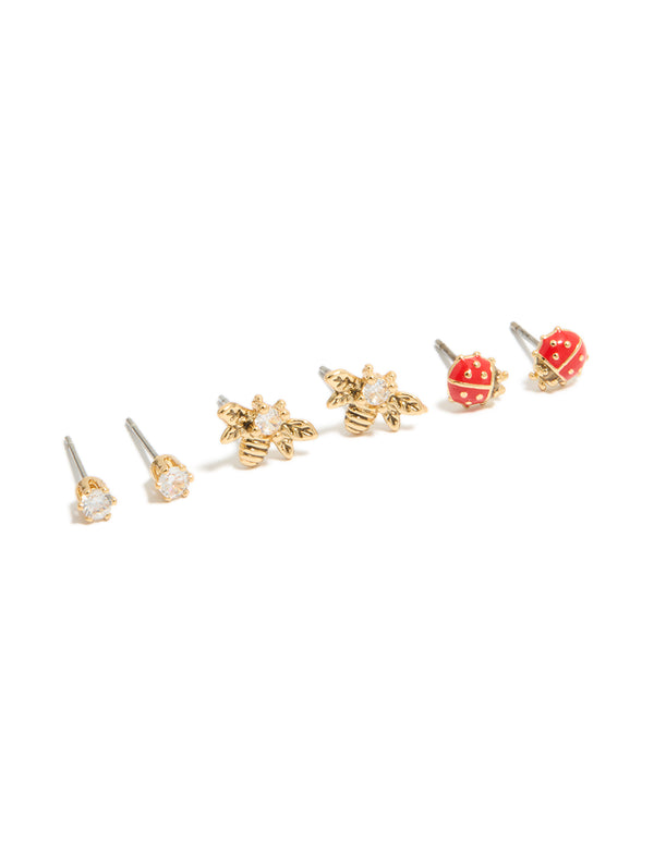 Gold Plated Cubic Zirconia Bee & Ladybug Stud Earrings 3-Pack