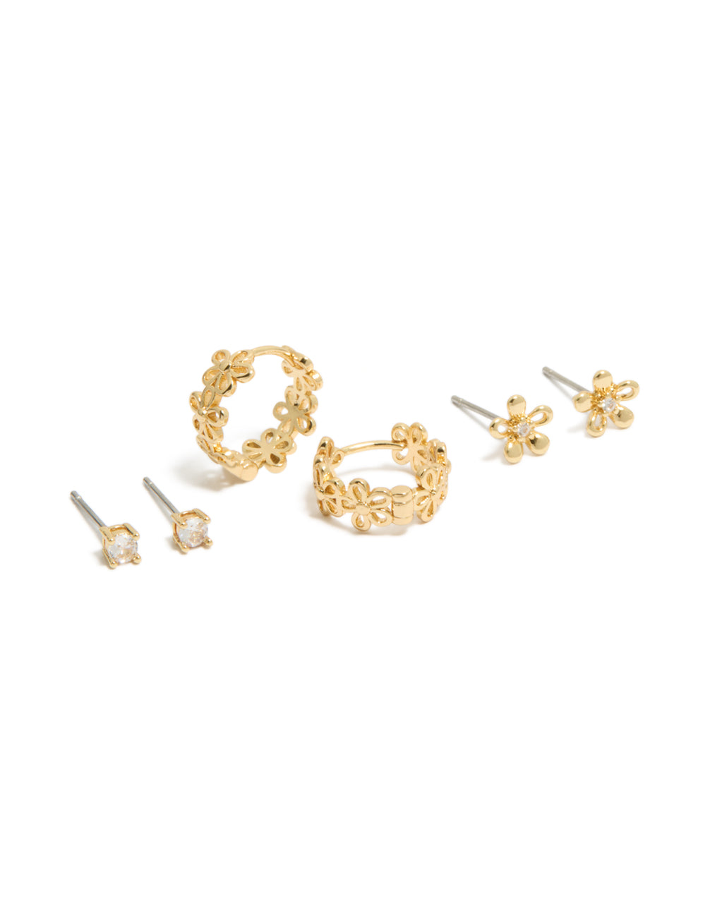 Showcasing gold plated cubic zirconia outline flower studs and huggie earrings in a dainty 3-pack front view