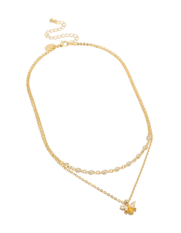 Gold Plated Cubic Zirconia & Enamel Bee  Layered Necklace