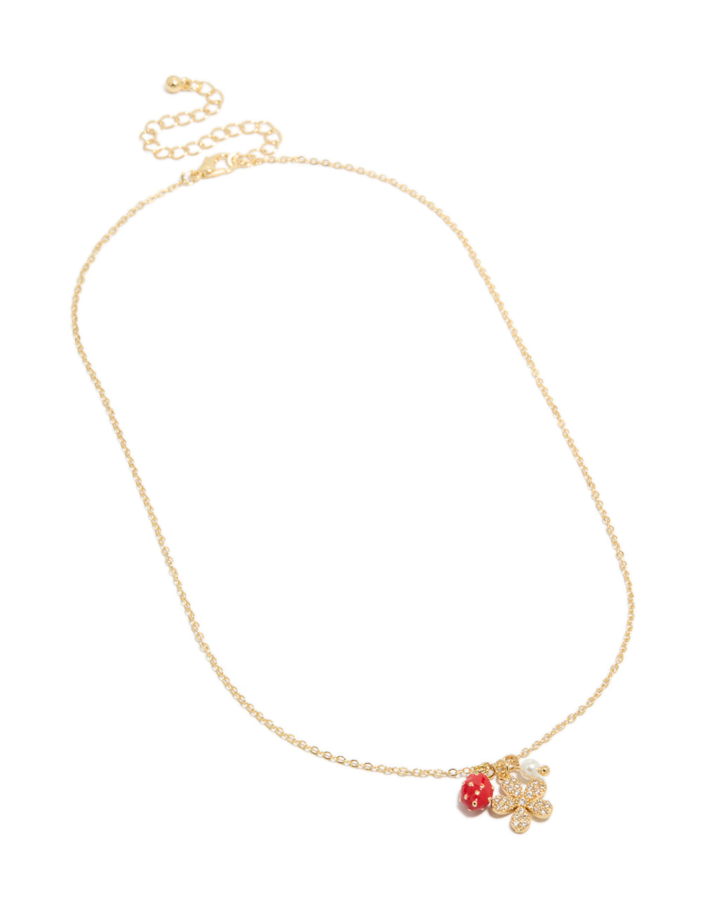 Beautifully crafted gold plated strawberry and flower charm necklace featuring fruit inspired charms with cubic zirconia and pearl accents, front view