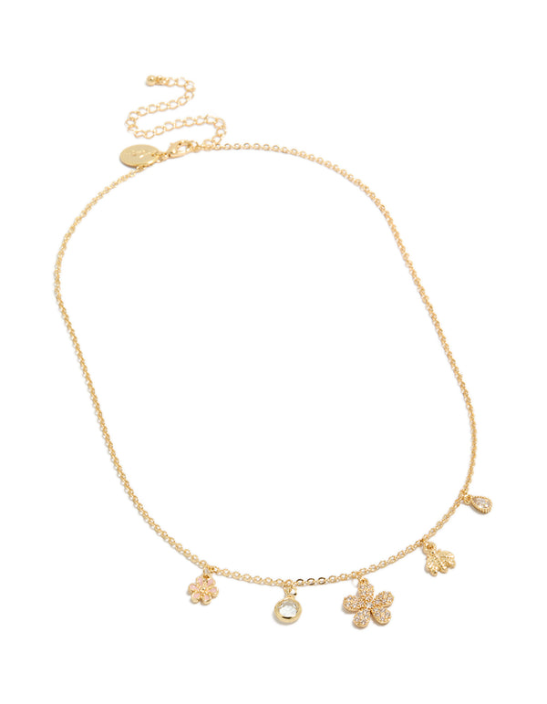 Gold  Plated Cubic Zirconia Flower Charm Necklace