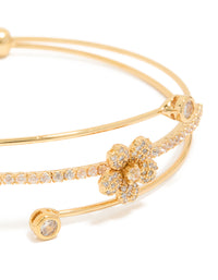 Stunning gold plated cubic zirconia flower wrist cuff showcasing floral with crystal embellishments gold close up view - link has visual effect only