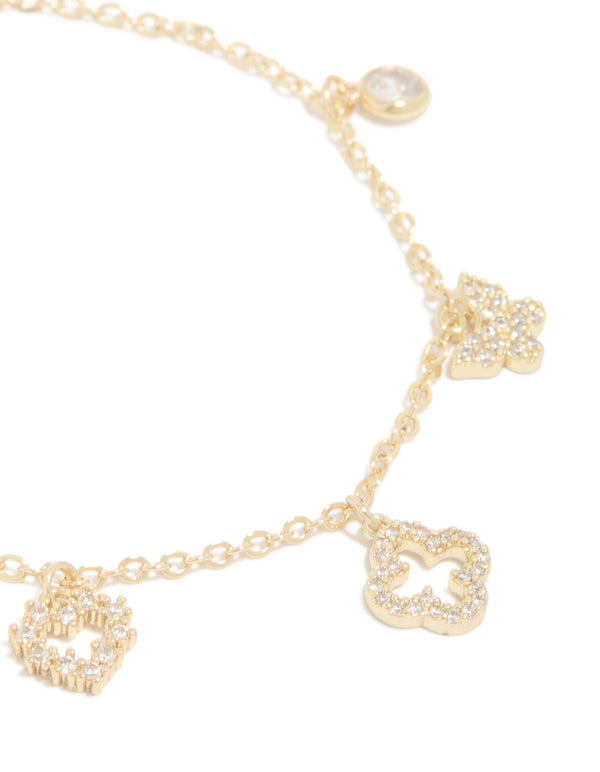 Gold Plated Cubic Zirconia Flower  & Heart Charms Bracelet