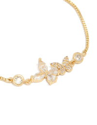 Showcasing gold plated butterfly bracelet with cubic zirconia stones in dainty style close up view - link has visual effect only