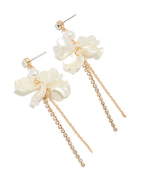 Showcasing gold diamante and pearl floral drop earrings with ivory petals featuring a front view - link has visual effect only