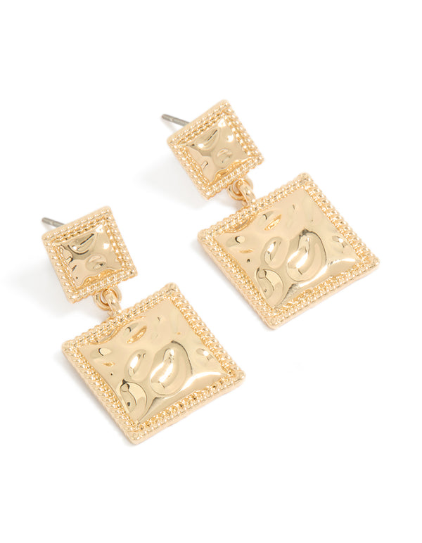 Showcasing gold vintage square double drop statement earrings front view