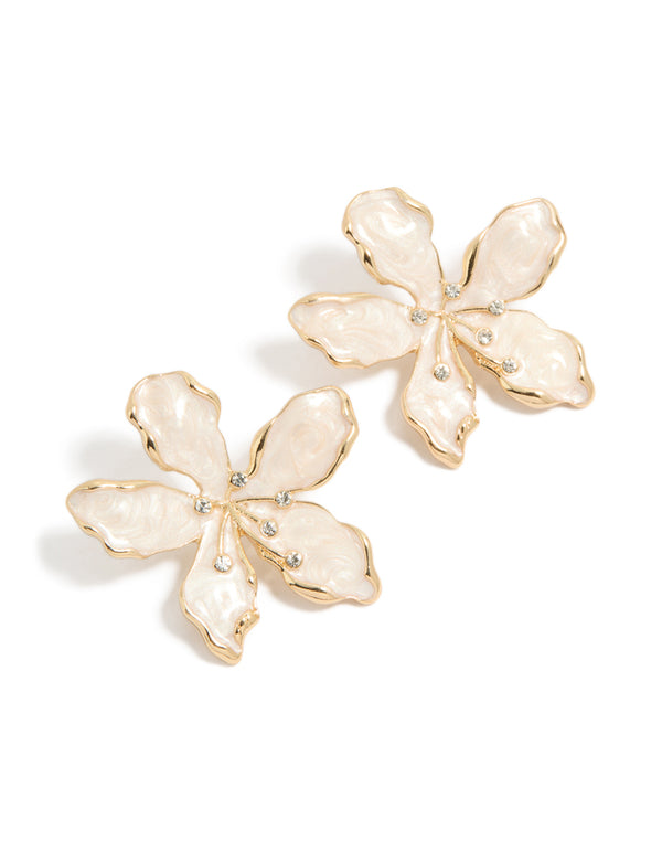 Stunning floral enamel stud earrings featuring light pink petals with diamante center accents in gold finish front view