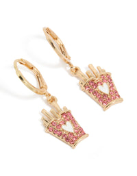 Showcasing gold pink diamante hot chips earrings featuring food charm with heart detail and huggie closure front view - link has visual effect only