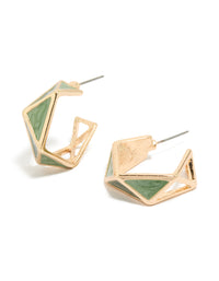 Discover gold green geometric huggie earrings front view - link has visual effect only