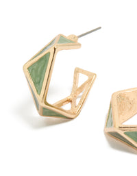 Featuring gold green geometric huggie earrings close up view - link has visual effect only