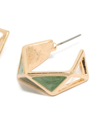 Crafted with gold green finish is this geometric huggie earrings post detail view - link has visual effect only