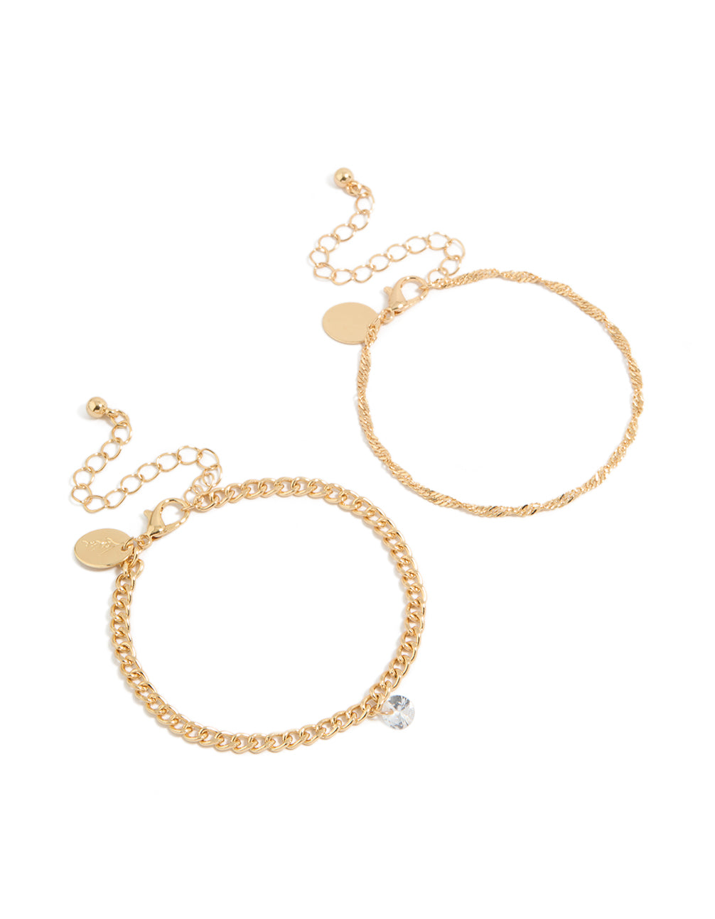 Showcasing gold diamante drop and chain bracelets in a 2-pack with featuring solitaire stone cut front view