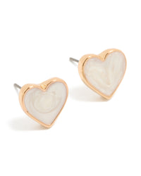 Showcasing heart-shaped enamel stud earrings with marble pattern in gold front view - link has visual effect only