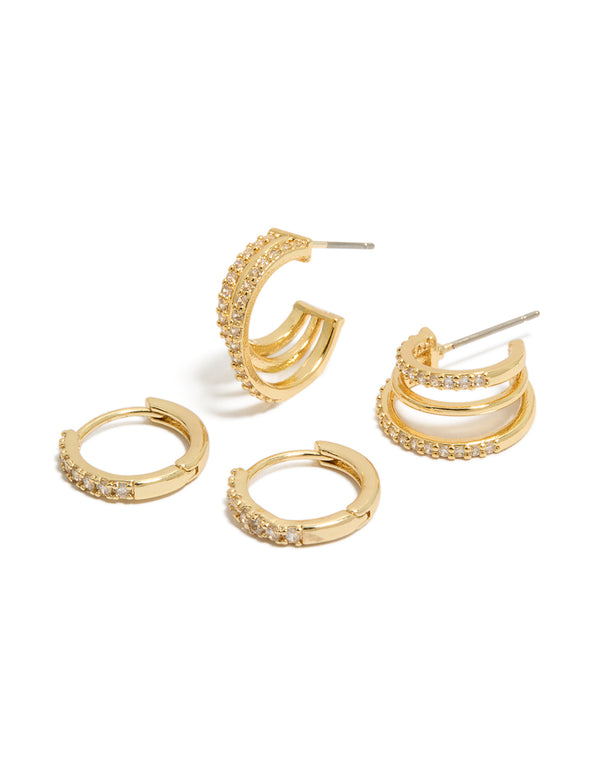 Featuring gold plated cubic zirconia huggies and illusion hoop earrings in a 2-pack front view