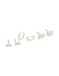 Discover dainty mini trio stud and huggie earrings crafted from silver plated cubic zirconia in a 3-pack front view - link has visual effect only