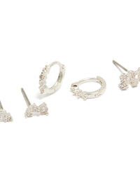Featuring dainty mini trio stud and huggie earrings in silver plated cubic zirconia 3-pack close up view - link has visual effect only
