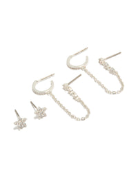 Explore these dainty silver plated cubic zirconia floral and chain mini earrings with huggie and stud closures front view - link has visual effect only