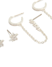 Discover this mini earrings pack in silver plated cubic zirconia floral accents, huggie and stud closures, dainty style close up view - link has visual effect only
