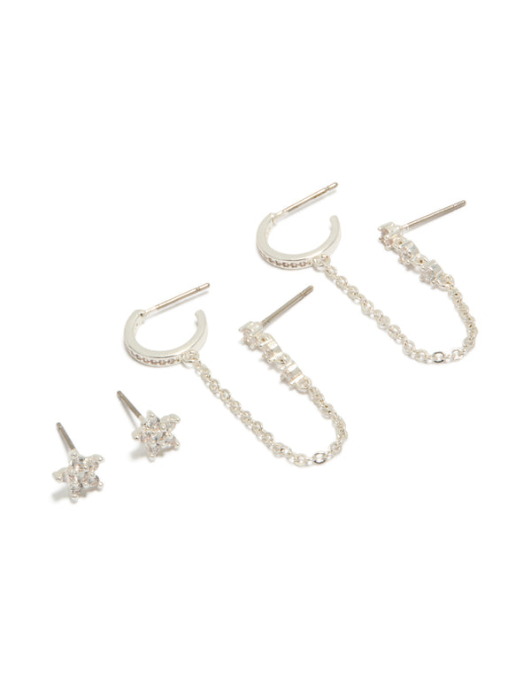 Explore these dainty silver plated cubic zirconia floral and chain mini earrings with huggie and stud closures front view