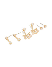 Showcasing dainty stud earrings in a 3-pack featuring pear cut cubic zirconia with gold plated ear jacket closures front view - link has visual effect only