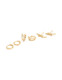 Showcasing gold plated studs and double cuff huggie earrings featuring cubic zirconia crystals in a 3-pack front view - link has visual effect only