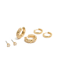 Showcasing gold plated mini twist huggie and stud earrings featuring cubic zirconia crystals in a 3-pack set front view - link has visual effect only