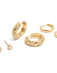 Elegant gold plated mini twist huggie and stud earrings with cubic zirconia crystals in a 3-pack set close up view - link has visual effect only