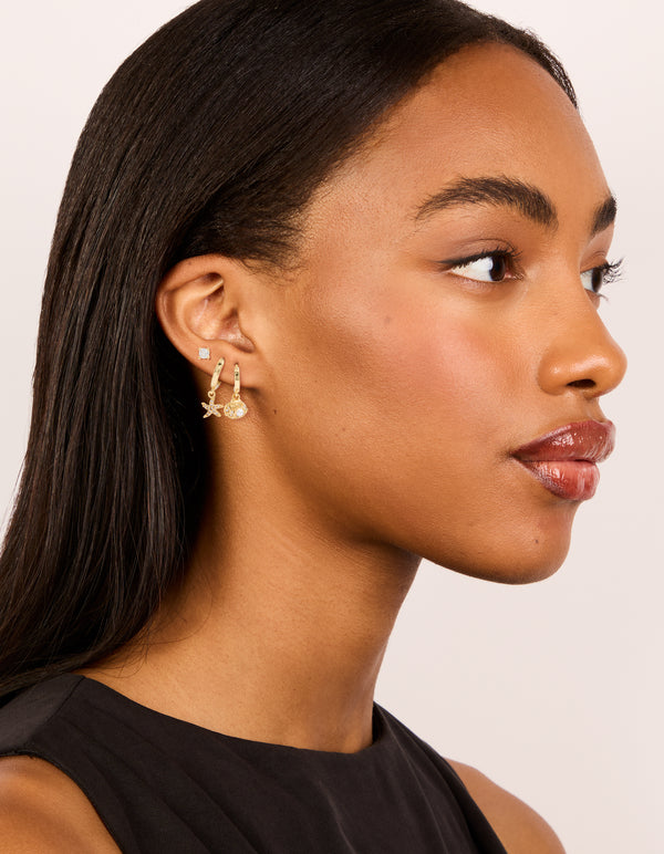 Gold Plated Cubic Zirconia Studs & Mini Starfish Huggie Earrings 3-Pack
