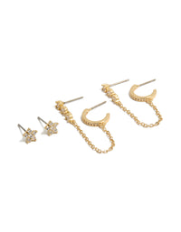 Featuring mini floral design, crafted from gold plated material in a 3-pack set including chain and stud closures front view - link has visual effect only