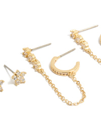 Showcasing mini floral design, crafted from gold plated material in a 3-pack set including chain and stud closures close up view - link has visual effect only