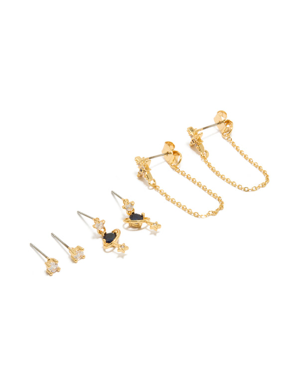 Featuring statement celestial chain & stud earrings crafted from gold plated cubic zirconia with star motifs in a 3-pack front view