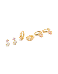 Featuring a 3-pack of mini double cubic zirconia studs and huggie earrings with crystal accents in gold plated finish front view - link has visual effect only