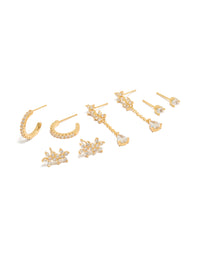 Showcasing gold plated cubic zirconia flower studs and chain drop earrings 4-pack in stud closure front view - link has visual effect only