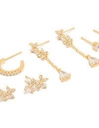 Featuring gold plated cubic zirconia flower studs and chain drop earrings 4-pack and stud closure close up view - link has visual effect only