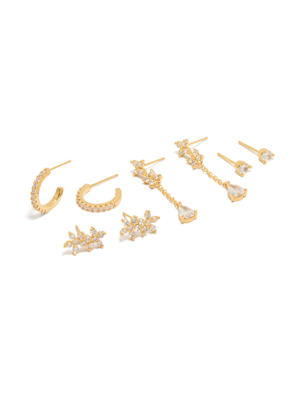 Showcasing gold plated cubic zirconia flower studs and chain drop earrings 4-pack in stud closure front view