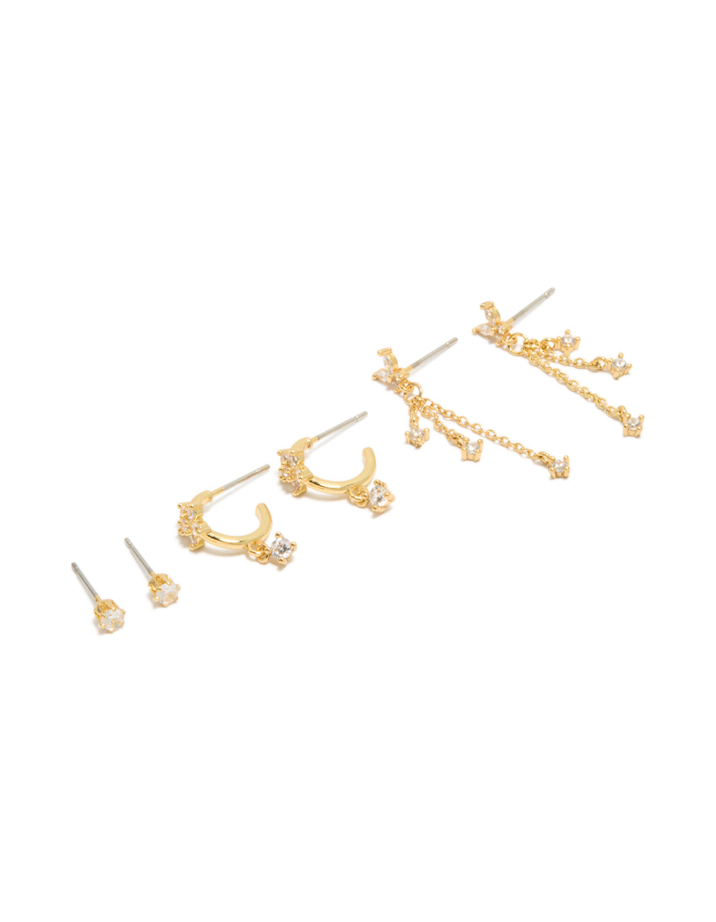 Showcasing gold plated cubic zirconia butterfly chain and stud earrings 3-pack with charm featuring huggie closure front view