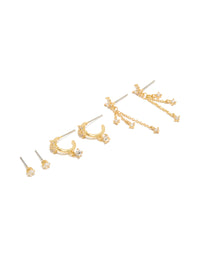 Showcasing gold plated butterfly charm chain and stud earrings 3-pack featuring cubic zirconia with huggie closure front view - link has visual effect only