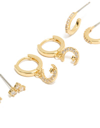Highlighting celestial hoop and huggie closure earrings with cubic zirconia moon details, in gold plated finish, 3-pack close up view - link has visual effect only