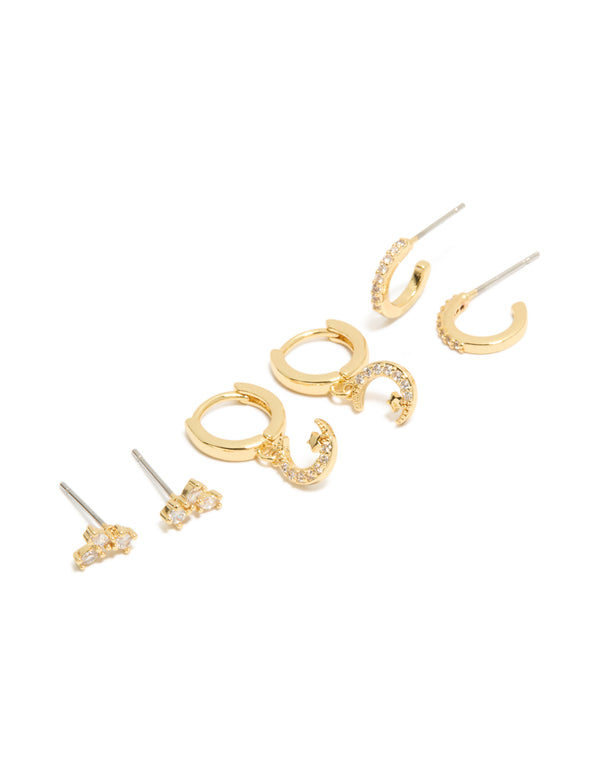 Showcasing a set of Crescent Moon hoop closure earrings crafted from cubic zirconia with crystal features celestial finished in gold plated metal, 3-pack front view